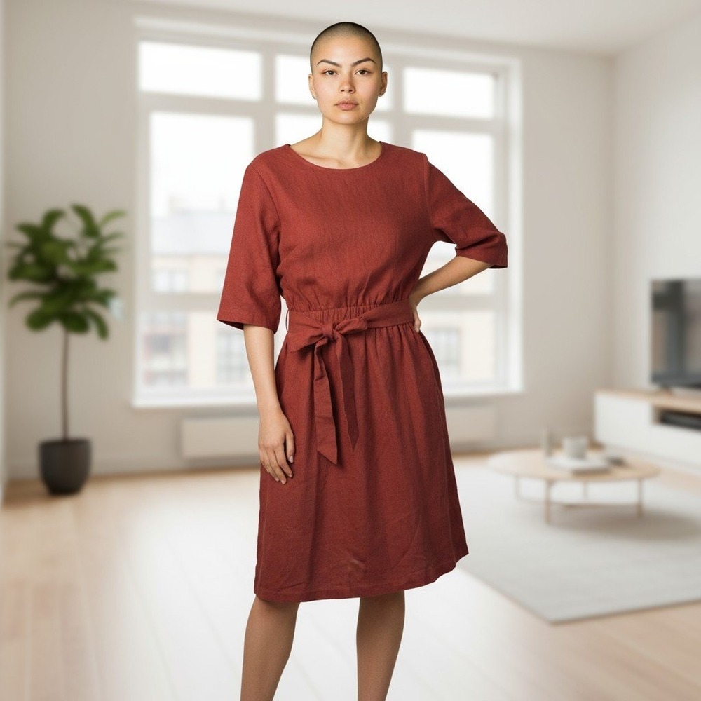 Hannah Canvas Dress Linen S‎ Rust Red Tie Waist Pockets Elbow Sleeve Minimalist